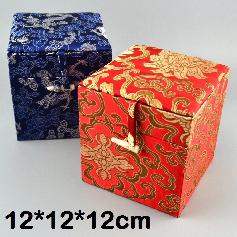 12 Cube Luxury Cotton Filled Decorative Jewelry Collection Box Chinese Silk Brocade Wooden Storage Box Gift Packaging