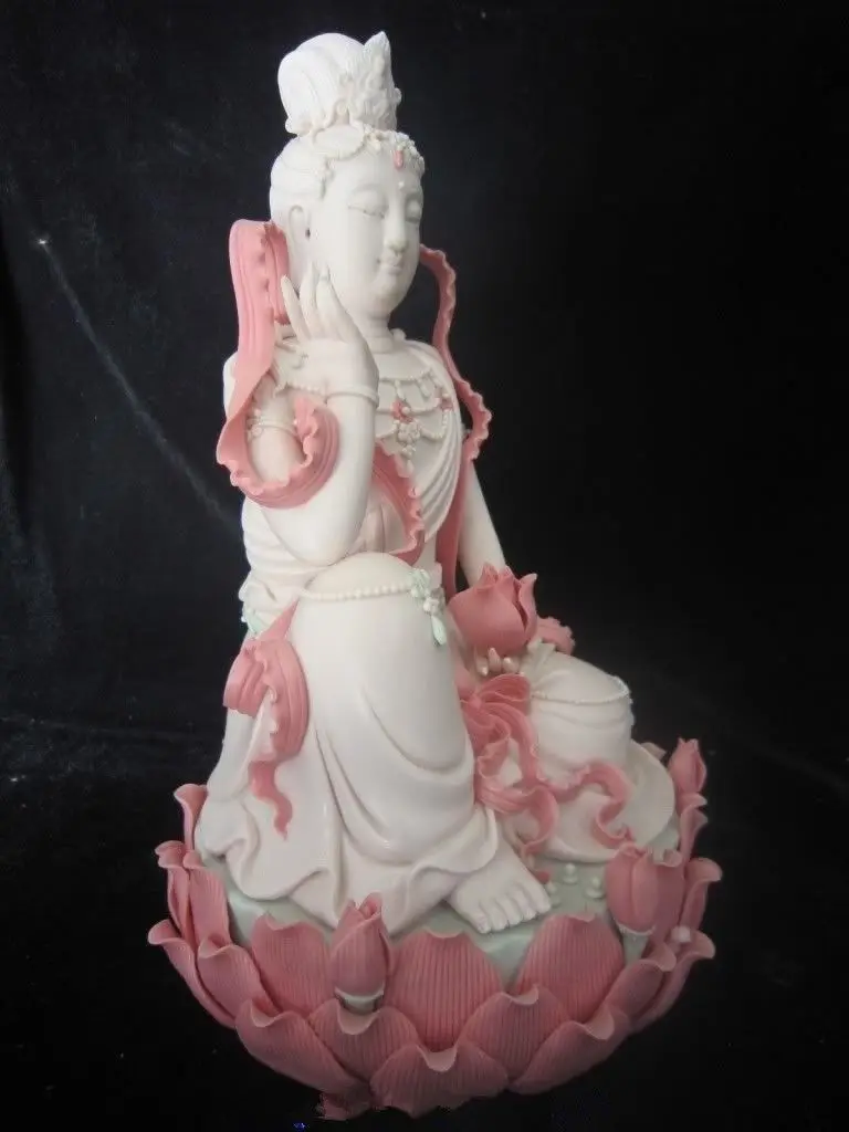 10.2 inch / Beautiful Chinese Dehua color porcelain goddess guanyin lotus Buddha statue