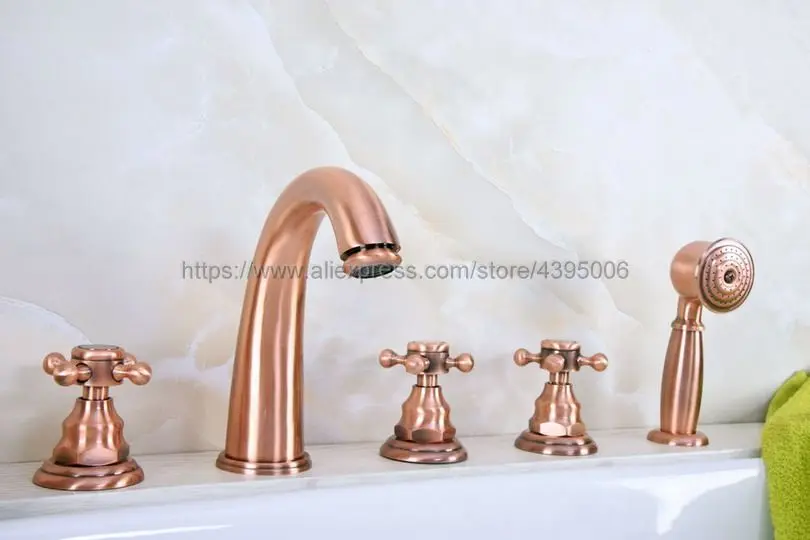 Bathtub Faucet Deck Mounted 5 Hole Tub Sink Mixer Taps Cross Handles Roman Tub Faucet with Handshower Btf239