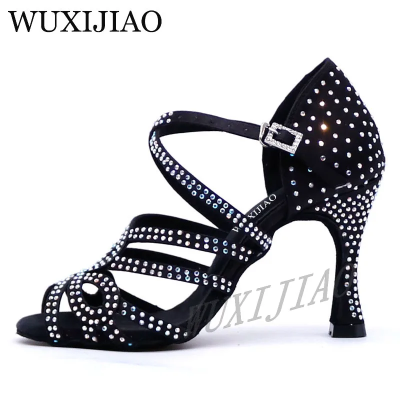 WUXIJIAO New Glitter Rhinestone Latin Dance Shoes Women Satin Salsa Dancing Shoes For Woman Tango Ballroom Shoes For Dacne