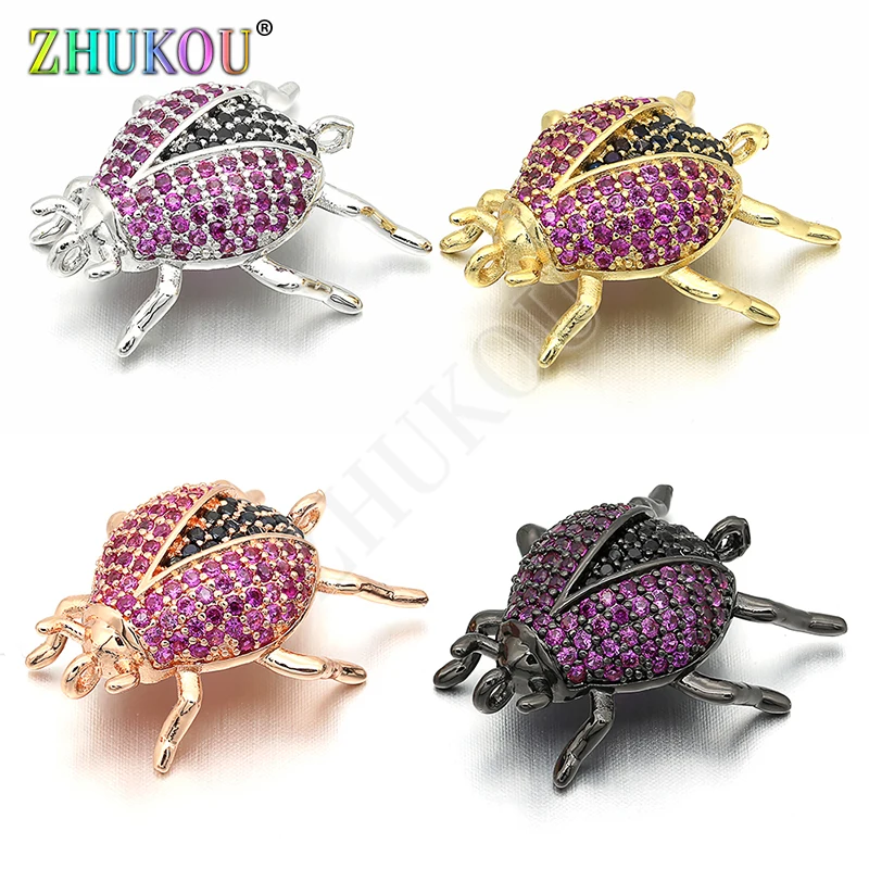 18*21mm High Quality Brass Cubic Zirconia Beetle Charms Connectors, Insects, Mixed Color, Hole: 1mm, Model:VS222