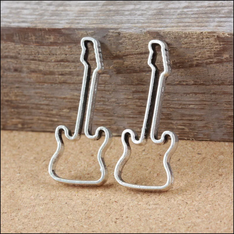 High Quality 20 Pieces/Lot 17mm*40mm Antique Silver Plated Hollow Out Guitar Charms Jewelry Making Charm