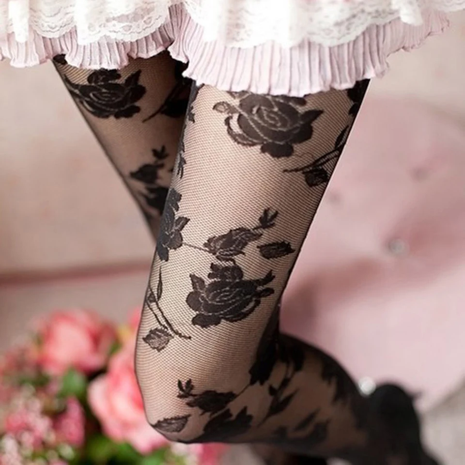 Flower pattern Sexy Rose Women Tights Collant Femme Thin Sheer Pantyhose Hollow out Tattoo Tights Medias Fantaisie Hosiery