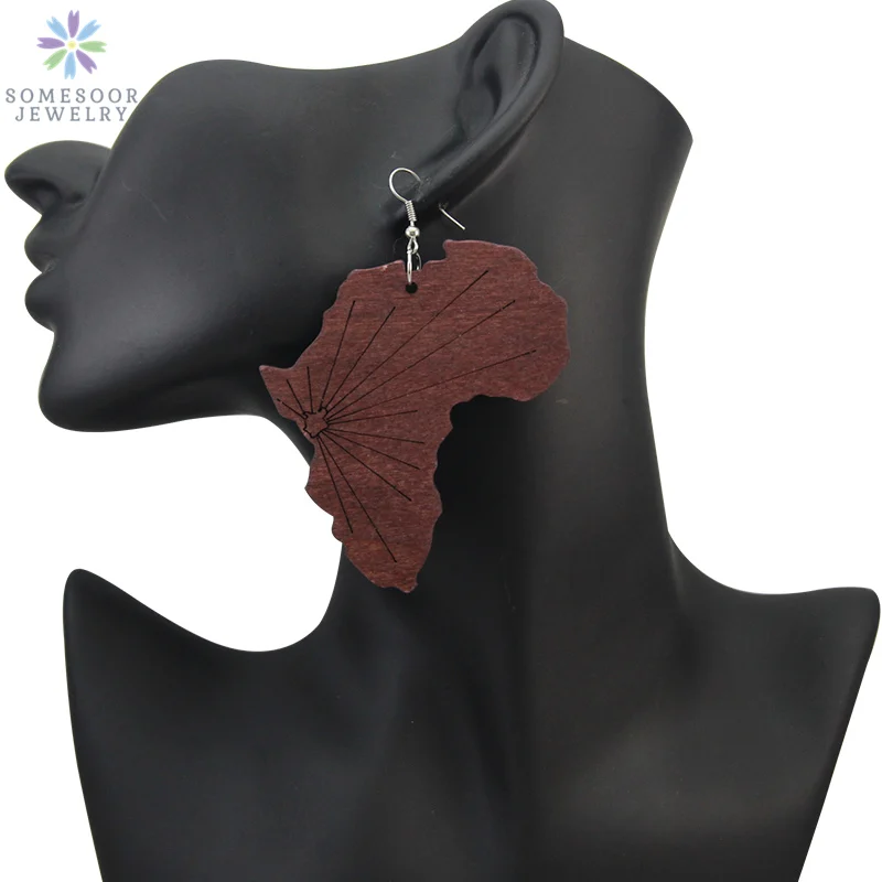 SOMESOOR Engraved African Map Retro Unfinished Wood Drop Earrings Black Queen Afrocentric Ethnic Pendant Jewelry Lady Gift 1pair