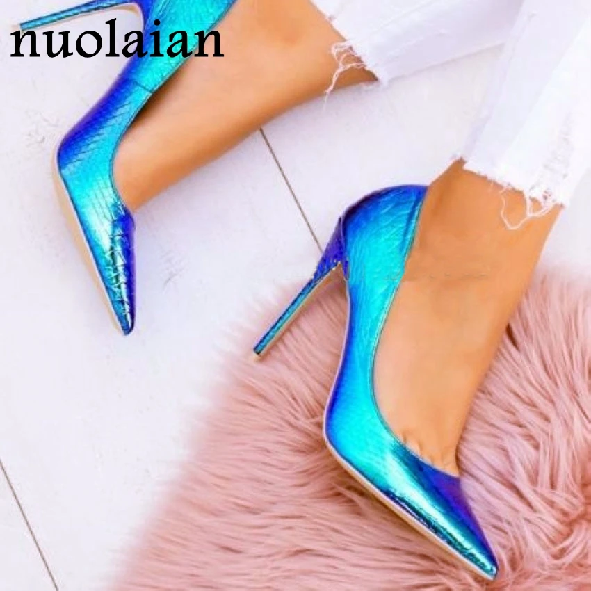 

2019 Brand Snke Patent Leather High Heel Shoes For Woman Pointed Toe Thin Heels Platform Pumps Dress Summer Sandal Shoe Big Size