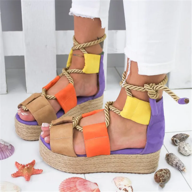 CuddlyIIPanda Plus Size 35-43 Giày Sandal Nữ Dây Gai Dầu Dệt La Mã Đấu Sĩ Kẹo Màu Đế Độn Clunky Gót Sandalias mujer