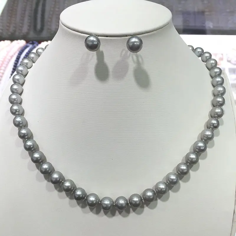 fine jewelry sets necklace stud earring grey(gray) color good quality perfectly round natural Cultured freshwater pearls Classic