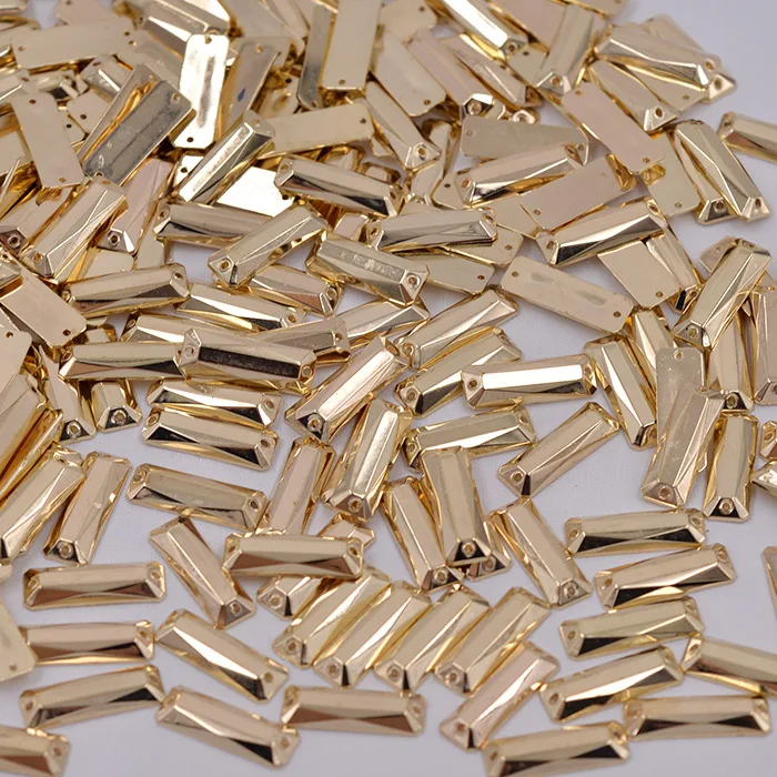 JUNAO 200 pz 7*21mm cucito dorato Strass Applique Flatback oro rettangolo acrilico Strass cucire su pietre di cristallo per i vestiti