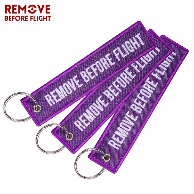 Fashion REMOVE BEFORE FLIGHT Key Chains Purple Embroidery Aviation Keychain for Cars Motorcycles OEM Key Fobs Key Ring Tags