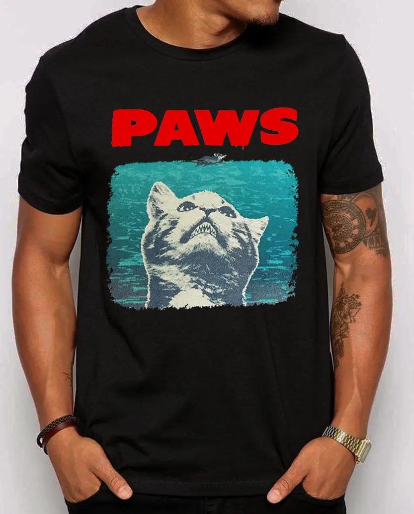 Paws Jaws Parody Unisex T-Shirt. Funny Cat Lovers 2019 Flash Print Cotton Slim Fit Crew Neck Custom Tee