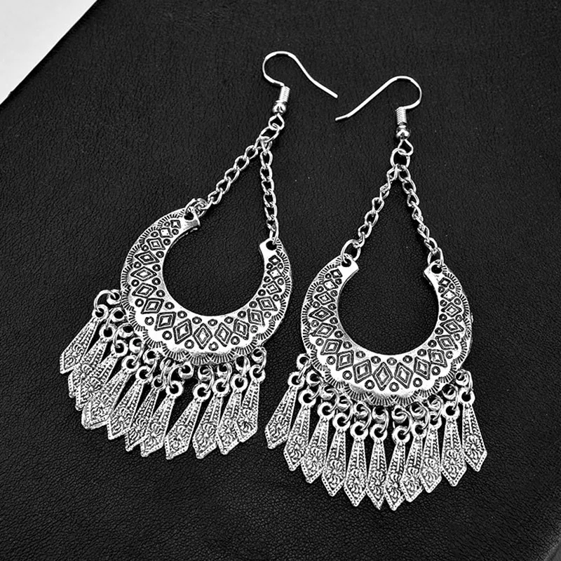 JIOFREE Bohemia Vintage Silver Color tassel Clip On Earrings Without Piercing for Women Ethnic Jewelry Punk earrings jewelry