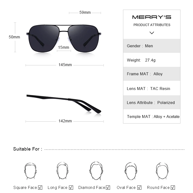 MERRYS DESIGN Men Classic Square Sunglasses HD Polarized Sunglasses For Driving Luxury Male Eyewear UV400 Protection S8312