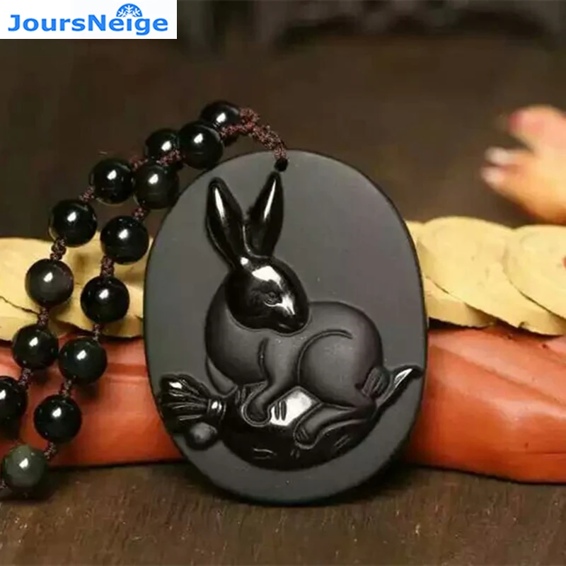 JoursNeige Natural Scrub Obsidian Stone Rabbit Pendant Necklace Women Men Obsidian 6mm Beads Chain Animal Fashion Jewelry