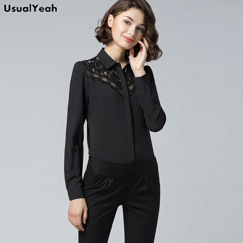 Usualyes-Blusa de manga larga con cuello vuelto para mujer, camisa negra de encaje sólido, S-XXL, SY0329