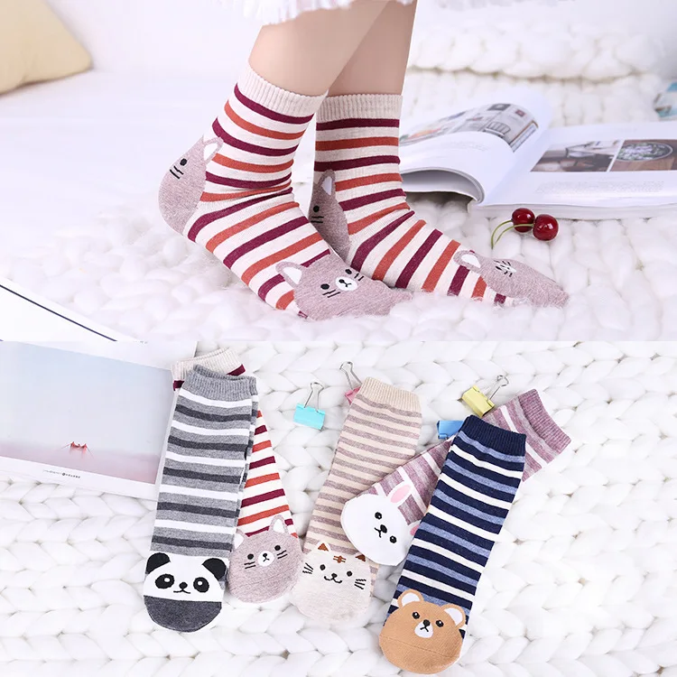 PEONFLY Cartoon Directly Plate cute Socks Woman Striped Bear Panda cat Tiger Rabbit Small Animal Stitching Pure Cotton Socks