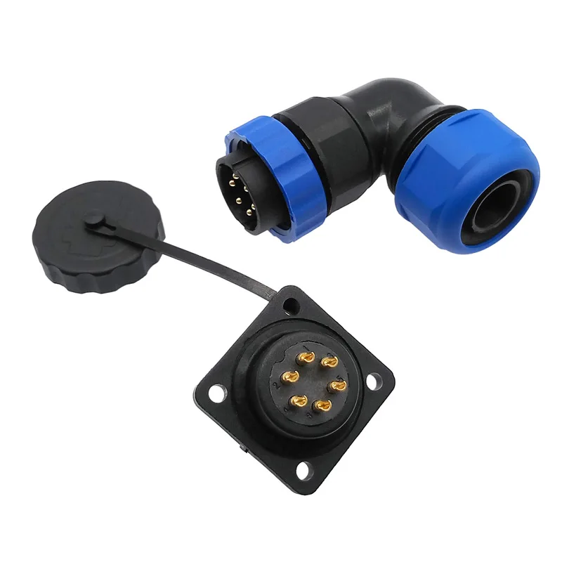 SP20 corrugated pipe waterproof connector 2/3/4/5/6/7/9/10/12/14Pin IP68 flange socket angle connectors 90 degree elbow