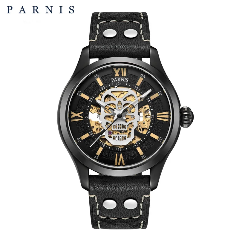 2024 New Parnis 42mm Black PVD Case Mechanical Luminous Men Watches Skull Design Sapphire Glass Men Automatic Watch reloj hombre