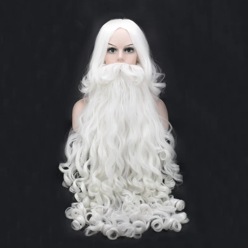 Perruque synthétique longue et bouclée de haute qualité pour femmes et hommes, perruque de Cosplay de noël avec barbe blanche pour Halloween