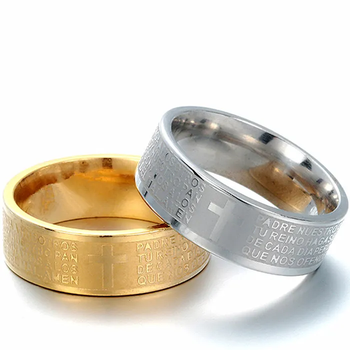 Classic Men Women Latin Cross Letter Sbible Ring wedding band ring High quality large size 8mm 316 Titanium Steel 18KG