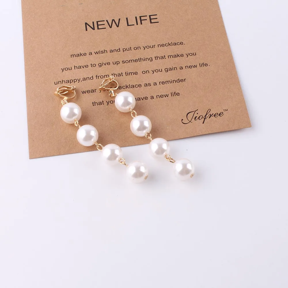 Fashion imitation pearl Bohemian OL temperament Long earring clips no pierced retro long section tassel female earrings jewelry
