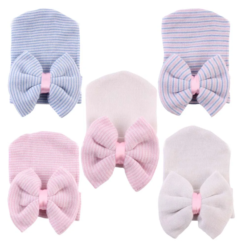 Newborn Hospital Hat Infant Baby Hat Cap with Big Bow Soft Cute Knot Nursery Cotton Knitted Beanie 1pc