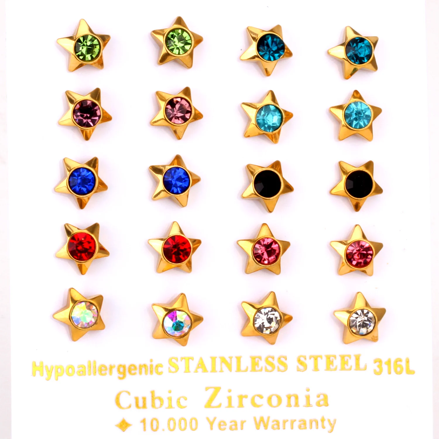 LUXUKISSKIDS Brand New 10pairs/lot Stainless Steel Stud Earrings Five-pointed Star Shape Crystal Mixed Color Earring