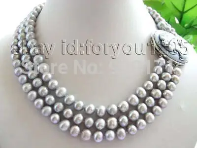 

Beautiful 3rows Natural 8-9mm Round Gray Pearl Necklace