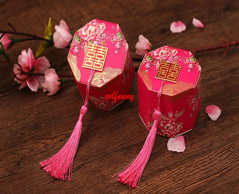 100pcs/lot Fast Shipping New Chineses Double Happiness Candy Box Party Favor Packing Chocolate Packaging With Tassels F061503