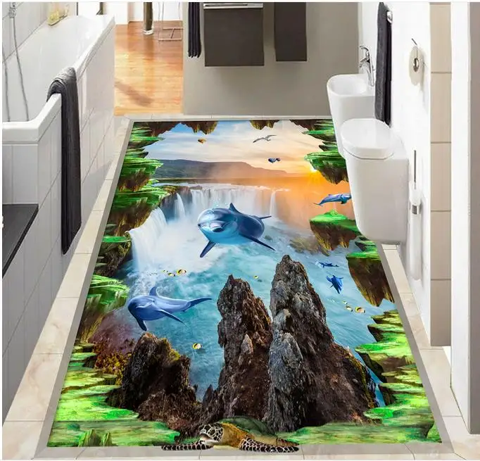 Free Shipping Custom 3d Flooring Waterfall sea Dolphin Bird Wallpaper For Walls 3 d Room Wallpaper Floor Bedroom Decoration