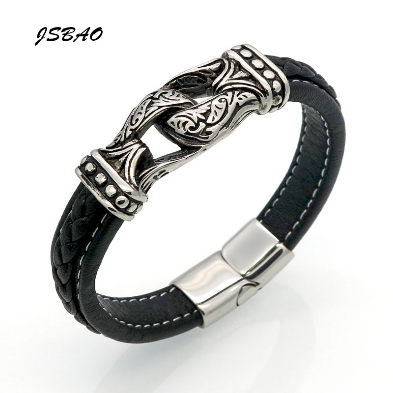 JSBAO Double Stirrup Tibetan Men's Bracelets Handmade Leather Bracelets Hooks Bracelets & Bangles Fashion Charm Leather Jewelry