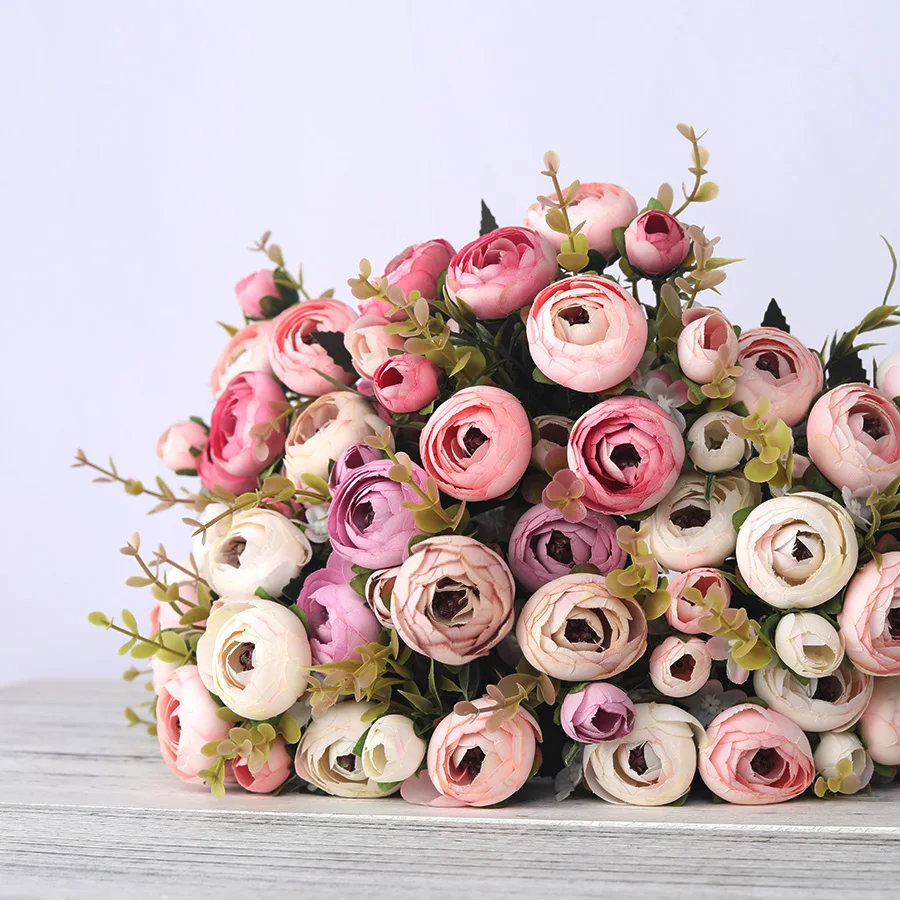 InjTea-Bouquet de roses artificielles vintage, 6 têtes, 4 petits bourgeons, fausses fleurs rétro pour mariage, maison, décoration de fête,