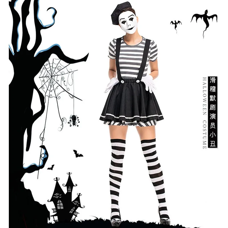 New Women Halloween Acrobatic Clown Costumes Criminal Female Prisoner Cosplay Carnival Purim Nightclub Bar Role Play Party Dress