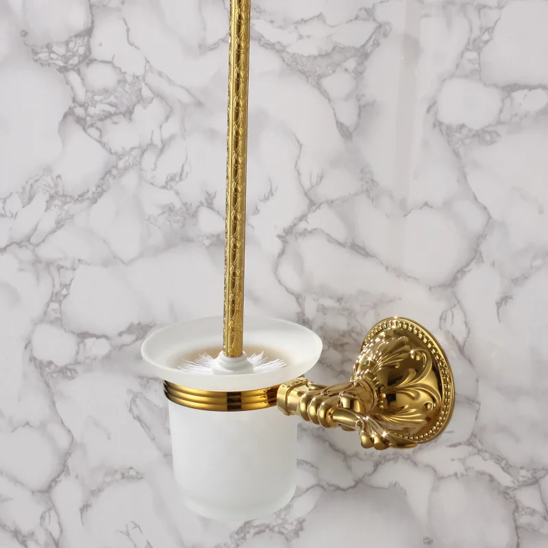 Luxury gold Brass Toilet brush holder with glass cup High-quality Bathroom hardware accessories