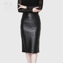 Quilted black genuine leather skirt women slim split pencil skirt faldas jupe saia etek sheepskin lambskin skirt LT1099