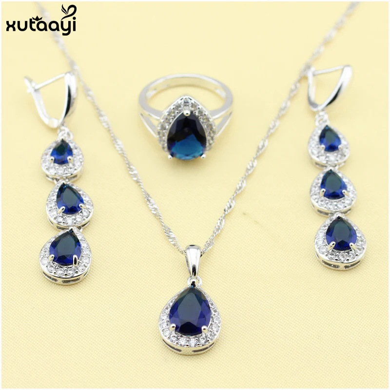 XUTAAYI Top Quality  Silver Jewelry Sets Blue Created Sapphired Flawless Necklace/Rings/Earrings/Bracelet For women