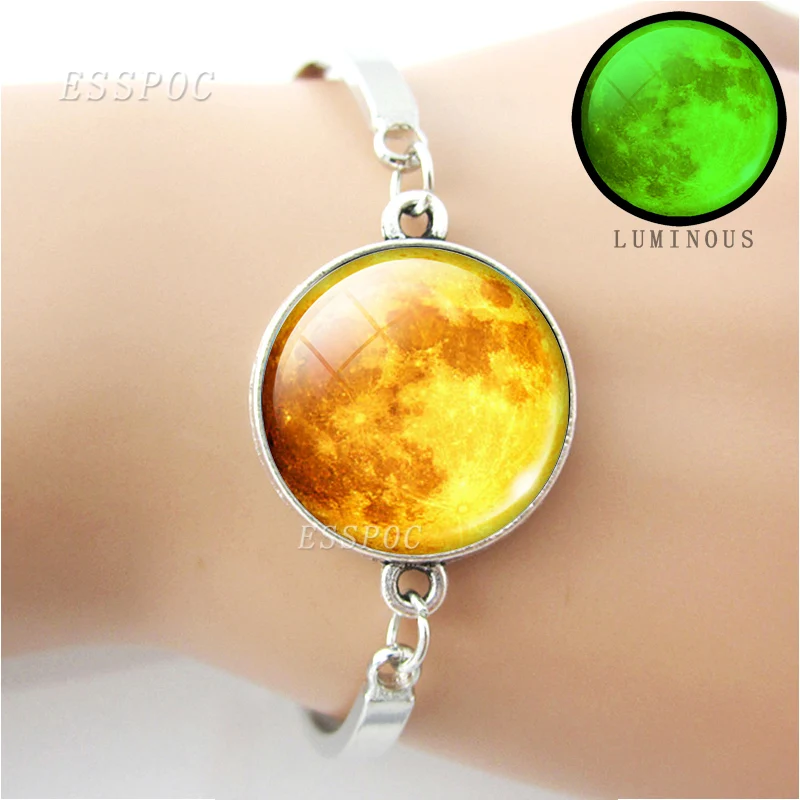 Luminous Full Moon Bracelet Glow In The Dark Full Moon Glass Cabochon Charm Bracelet Handmade Jewelry for Women