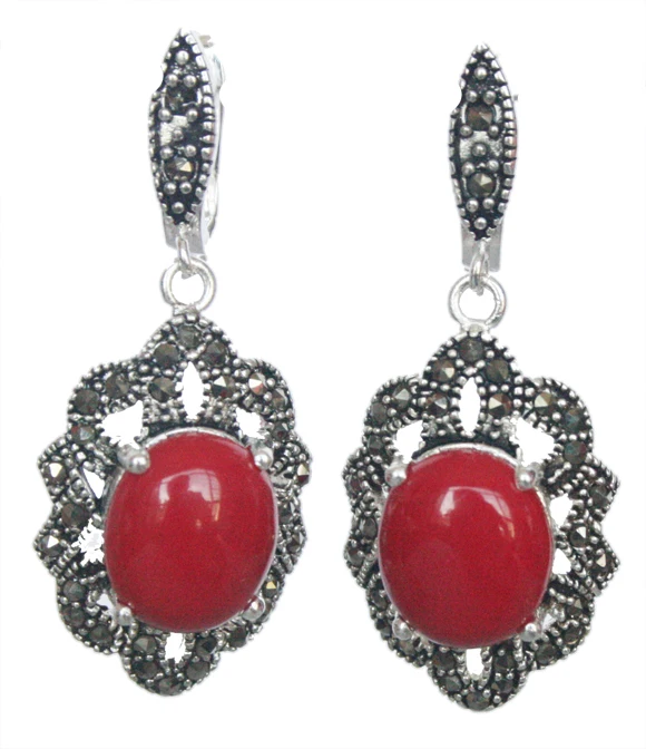 

wholesale good fancy 11/2" Vintage S & Marcasite trend Red Coral Earrings fashion jewelry