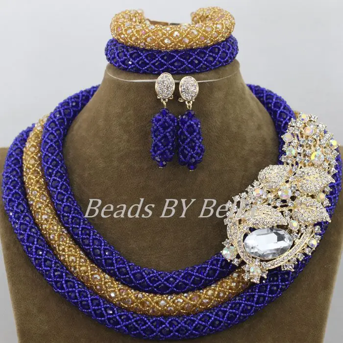 Royal Blue Bridal Jewelry Sets Gold Nigerian Wedding Crystal Necklace African Beads Jewelry Set New Brooch Free Shipping ABF526