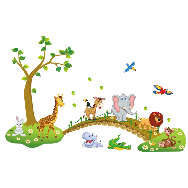 Cartoon Lovely Animals Cross The Bridge DIY Vinyl Wall Stickers Kids Room Gift Home Decoration Art Decals Creative 3D Wallpaper