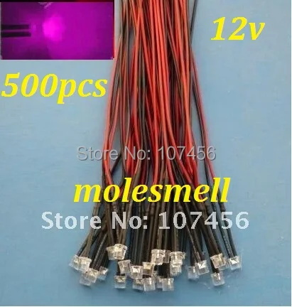 

Free shipping 500pcs 5mm Flat Top pink LED Lamp Light Set Pre-Wired 5mm 12V DC Wired 5mm 12v big/wide angle pink led