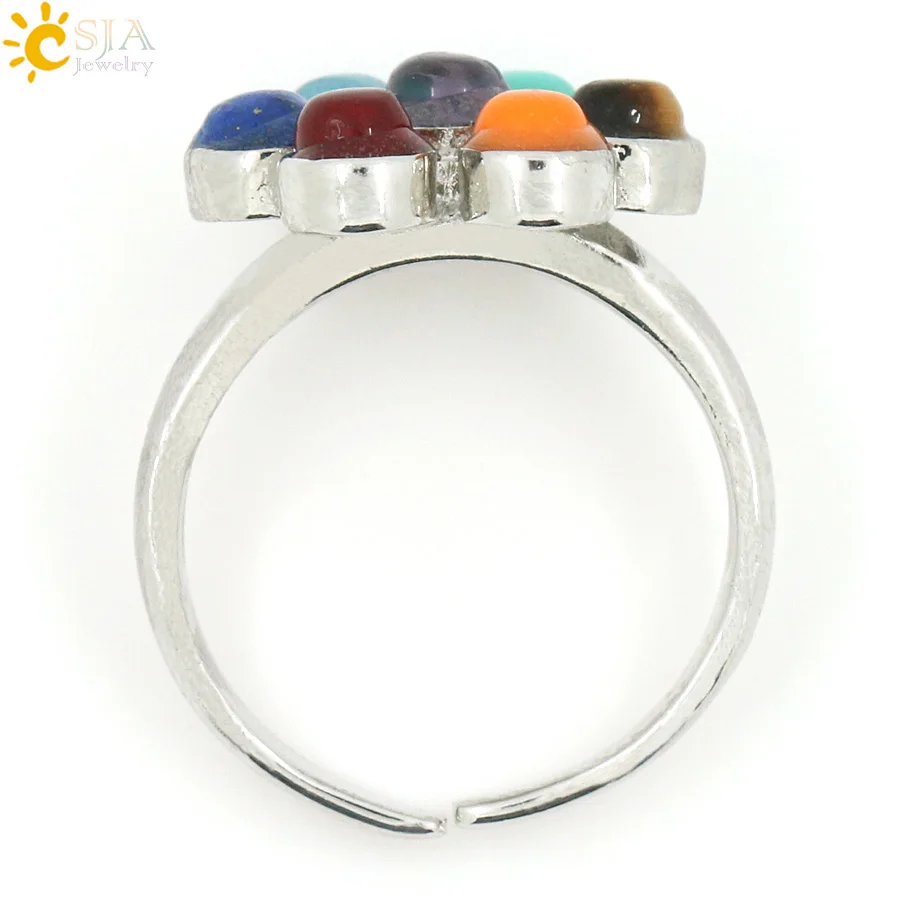 CSJA 1Pc 7 Chakra Rings Reiki Energy Healing Point Stone Beads Adjustable Ring Rainbow Flower Women Finger Ring Jewelry E042