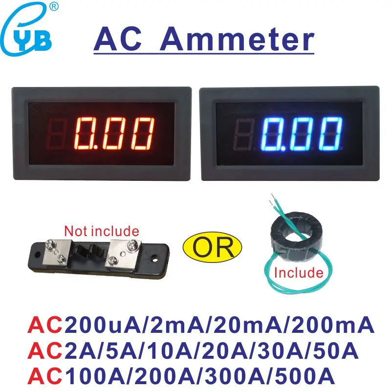 YB5135B LED Digital Ampere Tester AC Current Meter 20mA 200mA Ammeter 10A 50A 100A 200A 300A 500A Amp Panel Indicator Amp Gauge