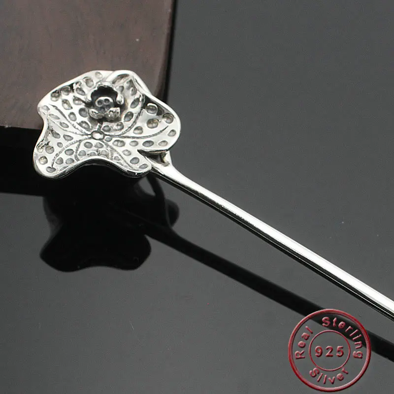 Amxiu Vintage Antique  Hair Sticks 925 Sterling Silver Handmade Jewelry Lotus Flower Hairpins