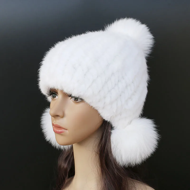 Fashion Women Real mink hat Winter warm mink fur knit hats Women fox fur ball cap