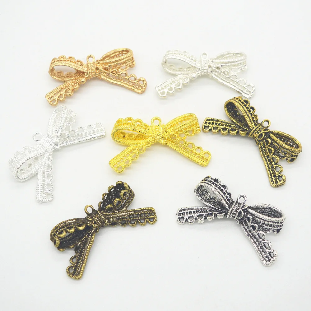 4 unids/lote de abalorios de 43,5mm x 23,1mm para fabricación de joyas, Metal chapado en plata antigua, bricolaje, hecho a mano, bonito lazo de lazo