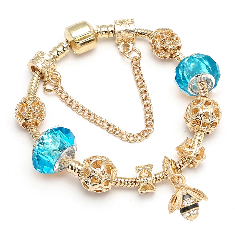 BAOPON Luxury Crystal Bees Gold Color Charm Bracelet For Girl Murano Glass Beads Fine Bracelet For Women Couple DIY Jewelry Gift