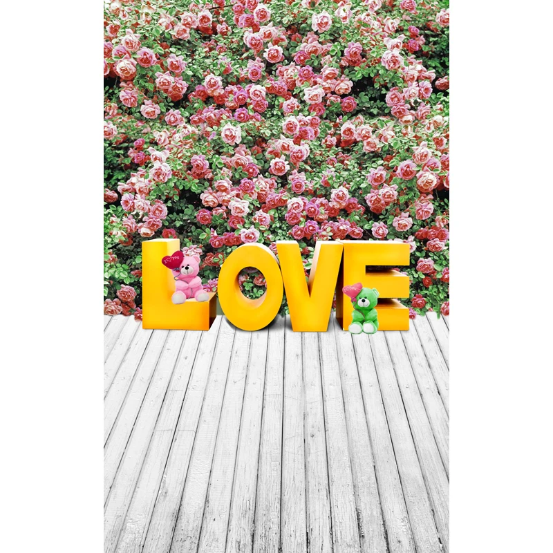 

Valentines Day Kids Photo Backdrop Wooden Floor Printed Flower Blossoms Wall Toy Bear Love Alphabets Baby Children Backgrounds