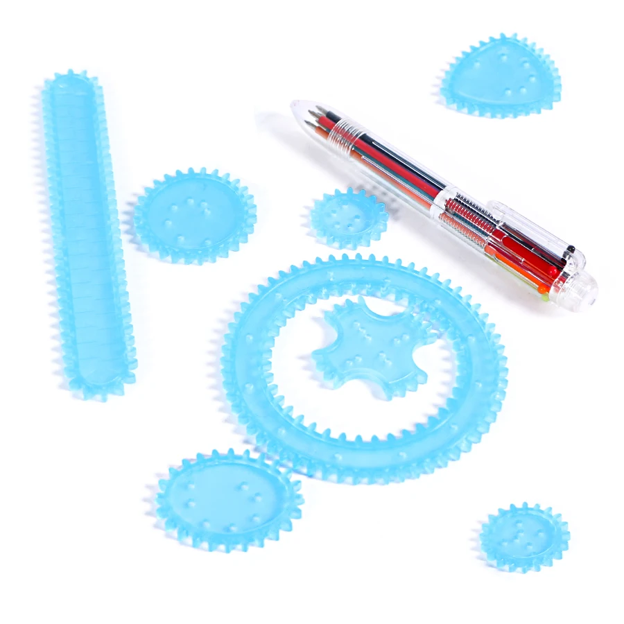 Spiral Drawing Toys Set 22PCS Interlocking Gears & Wheels Drawing Accessories,8pcs blue Ruler Set Educational Toys