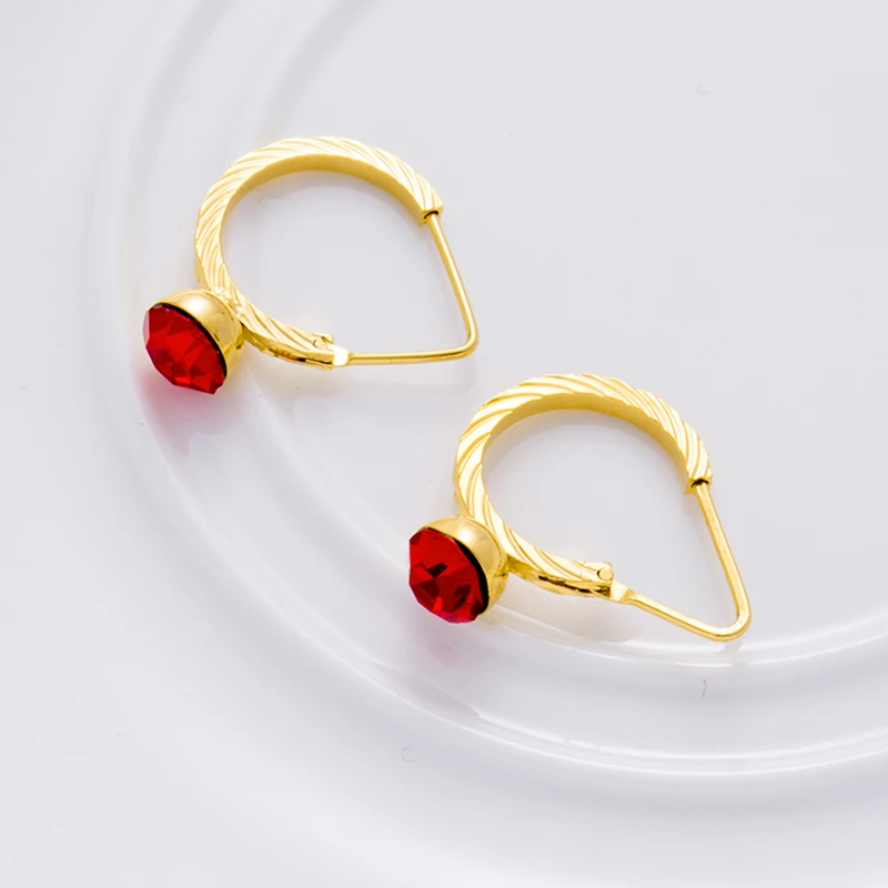 1.5CM Gold Color Earring Ethopian BIG Red Stone Jewelry African Women Wedding Gift,Hebasha Middle East Decoration for Ears