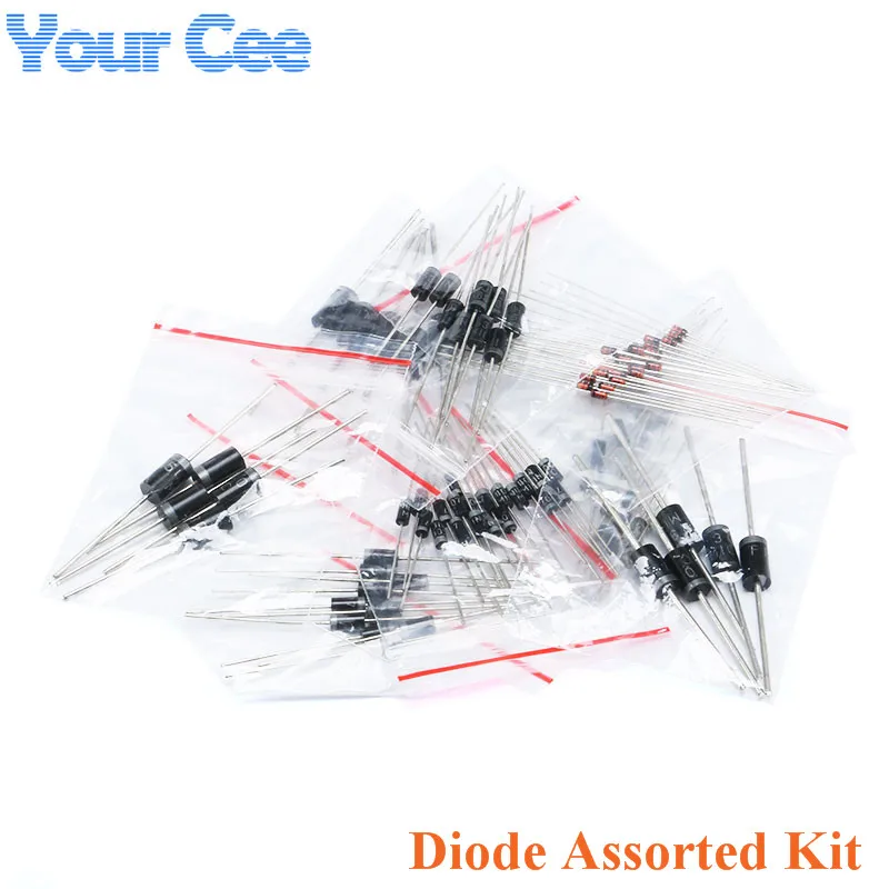 100pcs 1N4148 1N4007 1N5819 1N5399 1N5408 1N5822 FR107 FR207 Diode Assorted Kit Electronic Components Package DIY